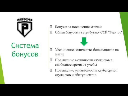 Система бонусов Бонусы за посещение матчей Обмен бонусов на атрибутику ССК "Реактор"