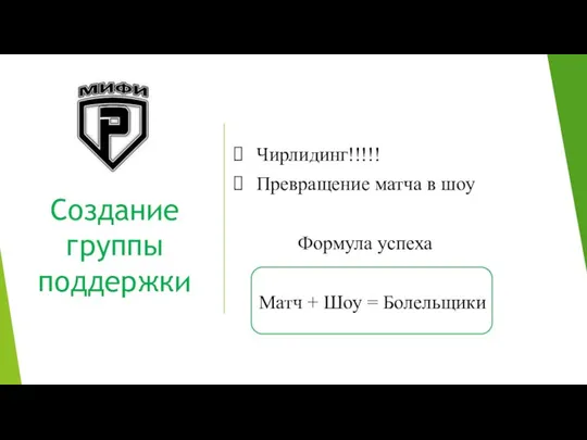 Создание группы поддержки Чирлидинг!!!!! Превращение матча в шоу Формула успеха Матч + Шоу = Болельщики