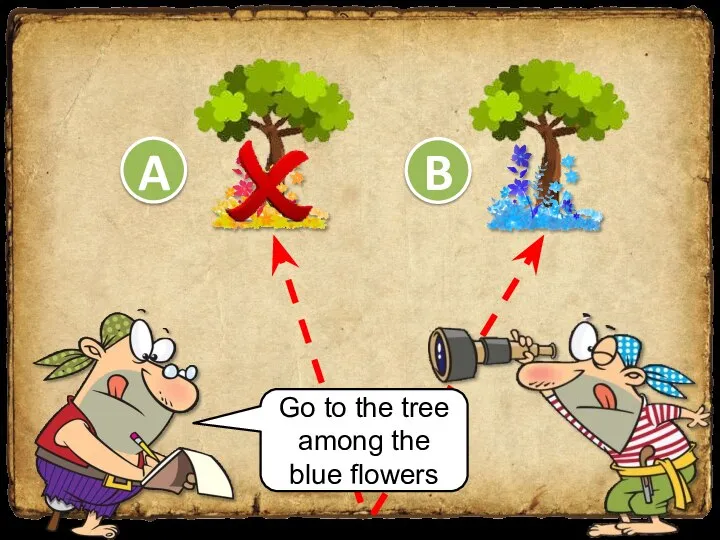 Go to the tree among the blue flowers B A