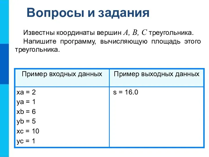 Известны координаты вершин A, B, C треугольника. Напишите программу, вычисляющую площадь этого треугольника. Вопросы и задания