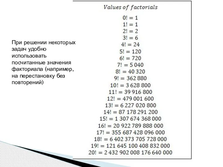 При решении некоторых задач удобно использовать посчитанные значения факториала (например, на перестановку без повторений)