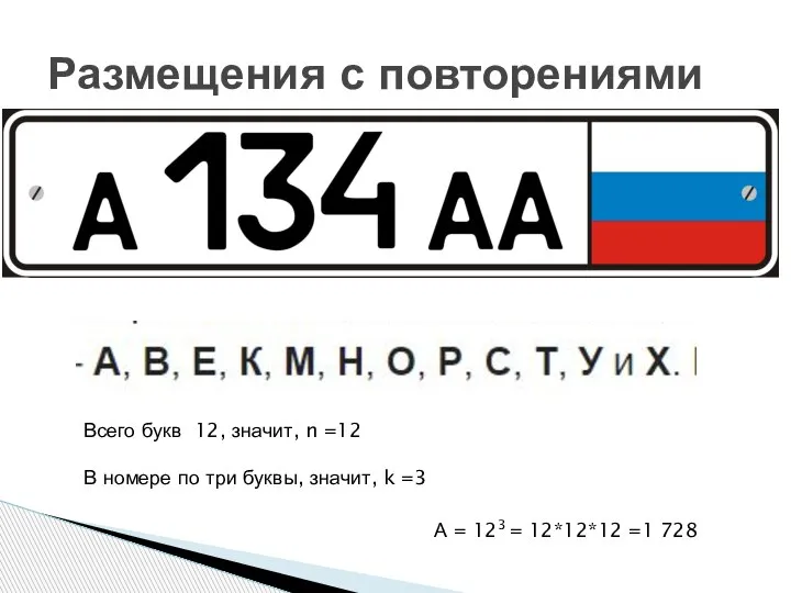 Размещения с повторениями Всего букв 12, значит, n =12 В номере по