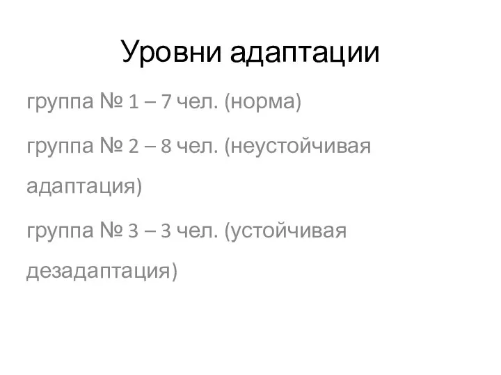 Уровни адаптации группа № 1 – 7 чел. (норма) группа № 2