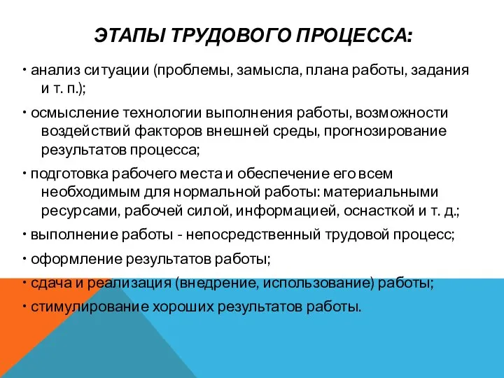 ЭТАПЫ ТРУДОВОГО ПРОЦЕССА: • анализ ситуации (проблемы, замысла, плана работы, задания и