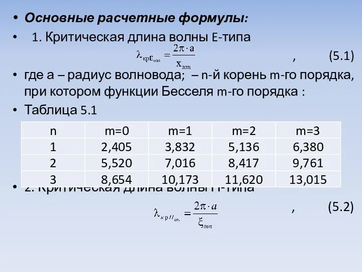 Основные расчетные формулы: 1. Критическая длина волны E-типа , (5.1) где а