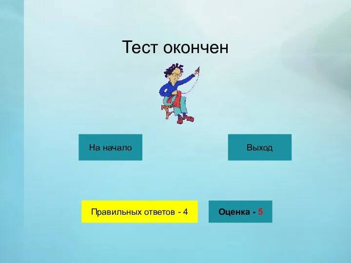 Тест окончен Правильных ответов - 4 На начало Выход Оценка - 5