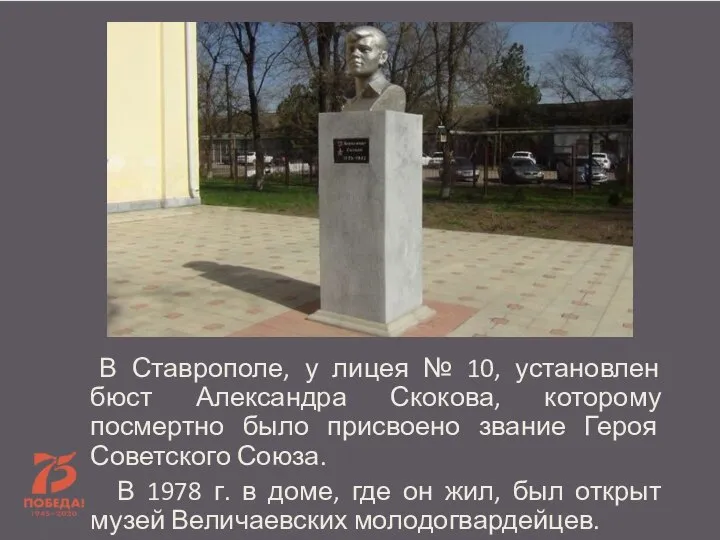 В Ставрополе, у лицея № 10, установлен бюст Александра Скокова, которому посмертно