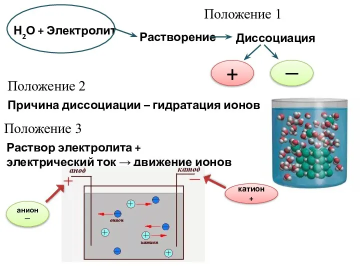 Положение 1 Н2О + Электролит Растворение Диссоциация + − Положение 2 Причина