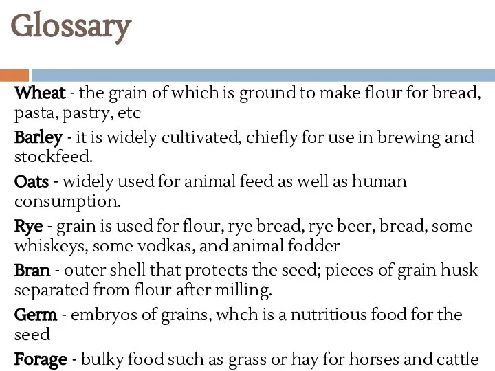 Glossary Wheat - the grain of which is ground to make flour