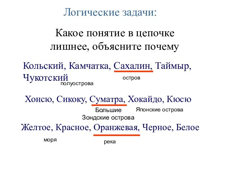 Логические задачи: Какое понятие в цепочке лишнее, объясните почему Кольский, Камчатка, Сахалин,