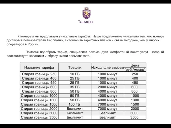 Тарифы К номерам мы предлагаем уникальные тарифы. Наше предложение уникально тем, что