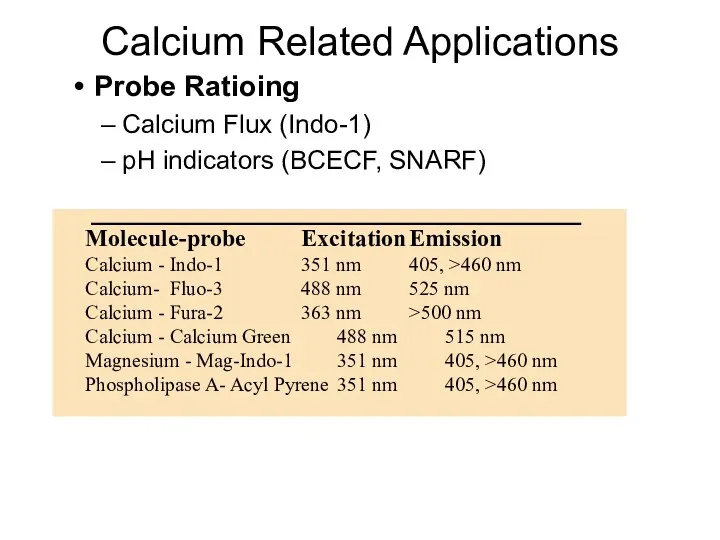 Calcium Related Applications Probe Ratioing Calcium Flux (Indo-1) pH indicators (BCECF, SNARF)