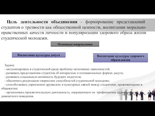 Цель деятельности объединения - формирование представлений студентов о трезвости как общественной ценности,