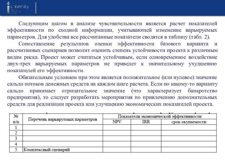 Следующим шагом в анализе чувствительности является расчет показателей эффективности по сходной информации,