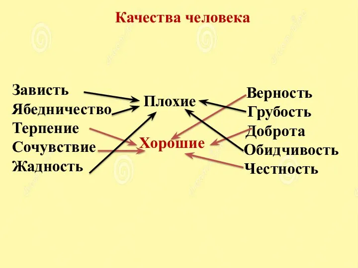 Качества человека Зависть Ябедничество Терпение Сочувствие Жадность Верность Грубость Доброта Обидчивость Честность Плохие Хорошие