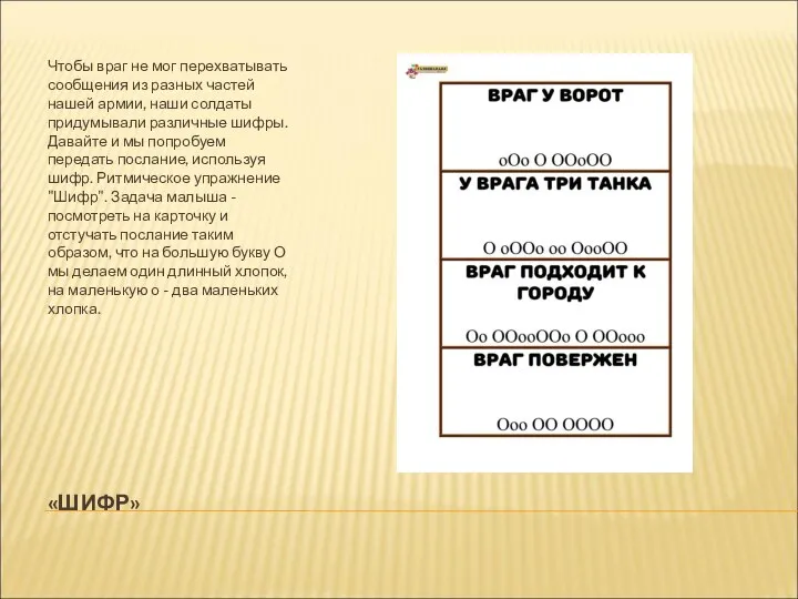 «ШИФР» Чтобы враг не мог перехватывать сообщения из разных частей нашей армии,