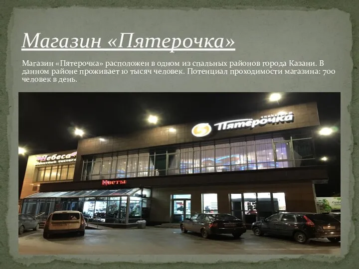 Магазин «Пятерочка» расположен в одном из спальных районов города Казани. В данном