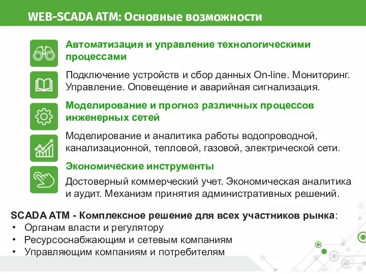 WEB-SCADA ATM: Основные возможности Автоматизация и управление технологическими процессами Подключение устройств и