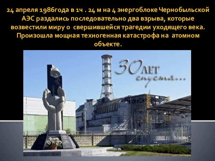 24 апреля 1986года в 1ч . 24 м на 4 энергоблоке Чернобыльской