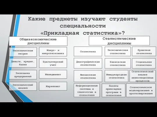 Какие предметы изучают студенты специальности «Прикладная статистика»? Общеэкономические дисциплины Статистические дисциплины Экономическая