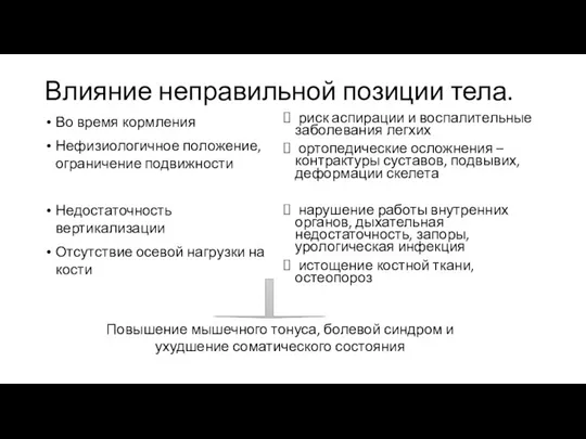 Влияние неправильной позиции тела. Во время кормления Нефизиологичное положение, ограничение подвижности Недостаточность