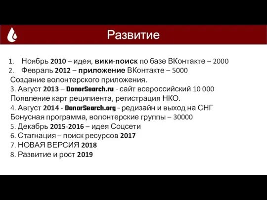 Развитие Ноябрь 2010 – идея, вики-поиск по базе ВКонтакте – 2000 Февраль