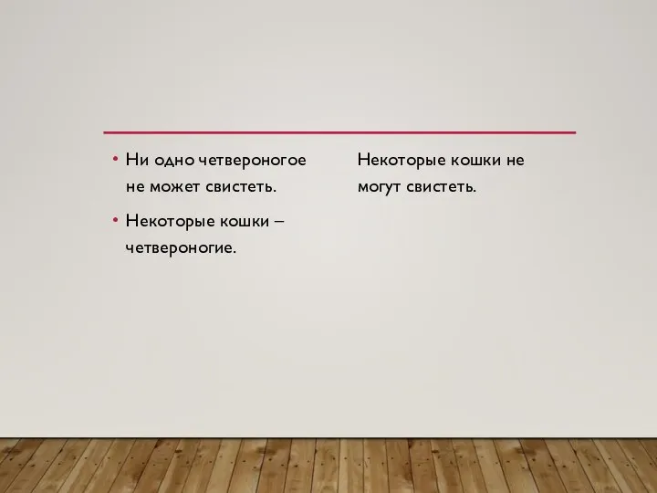 Ни одно четвероногое не может свистеть. Некоторые кошки – четвероногие. Некоторые кошки не могут свистеть.