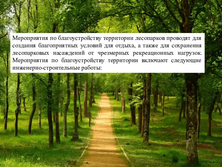 Мероприятия по благоустройству территории лесопарков проводят для создания благоприятных условий для отдыха,