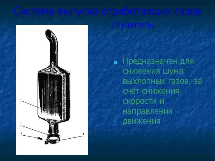 Система выпуска отработавших газов Глушитель Предназначен для снижения шума выхлопных газов, за