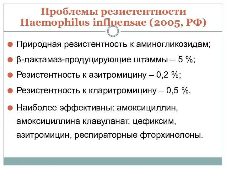 Проблемы резистентности Haemophilus influensae (2005, РФ) Природная резистентность к аминогликозидам; β-лактамаз-продуцирующие штаммы