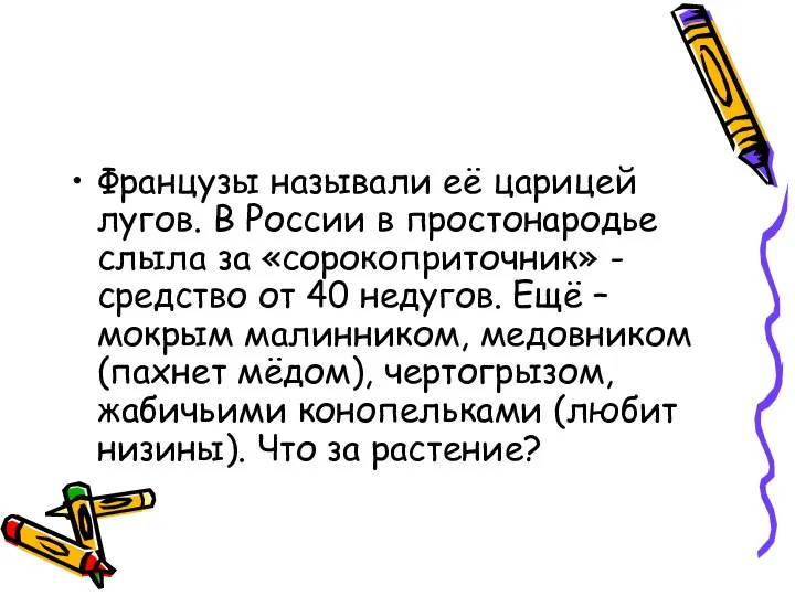 Французы называли её царицей лугов. В России в простонародье слыла за «сорокоприточник»