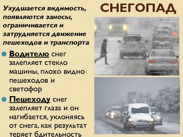 В СНЕГОПАД Ухудшается видимость, появляются заносы, ограничивается и затрудняется движение пешеходов и