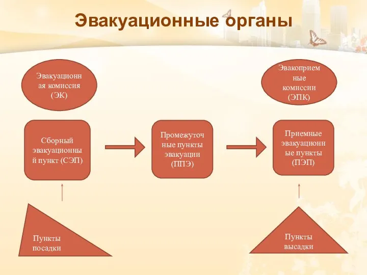 Эвакуационные органы Сборный эвакуационный пункт (СЭП) Промежуточные пункты эвакуации (ППЭ) Приемные эвакуационные