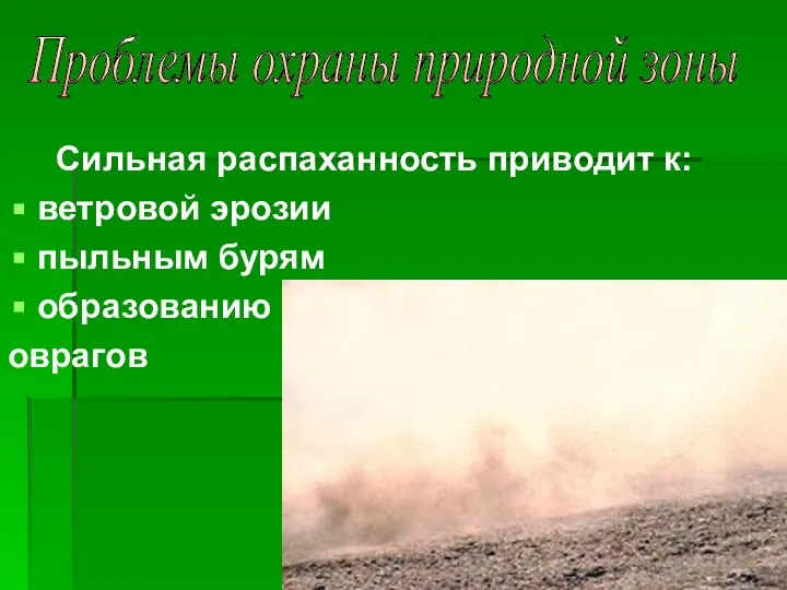 Сильная распаханность приводит к: ветровой эрозии пыльным бурям образованию оврагов Проблемы охраны природной зоны