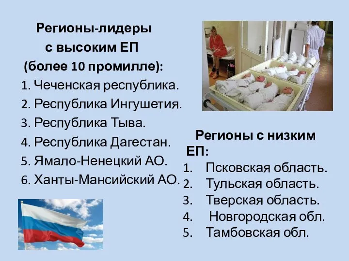 Регионы-лидеры с высоким ЕП (более 10 промилле): 1. Чеченская республика. 2. Республика