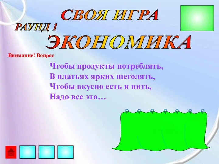 СВОЯ ИГРА РАУНД 1 Внимание! Вопрос ЭКОНОМИКА Чтобы продукты потреблять, В платьях