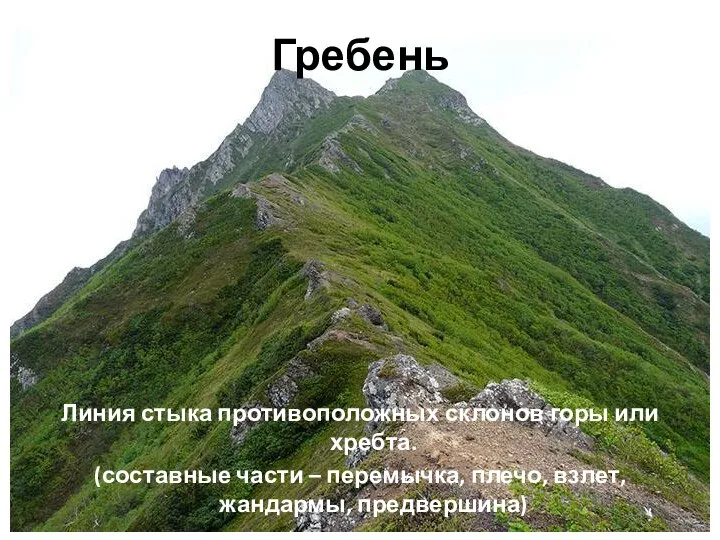 Гребень Линия стыка противоположных склонов горы или хребта. (составные части – перемычка, плечо, взлет, жандармы, предвершина)