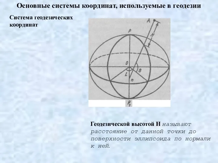 Основные системы координат, используемые в геодезии Система геодезических координат Геодезической высотой Н