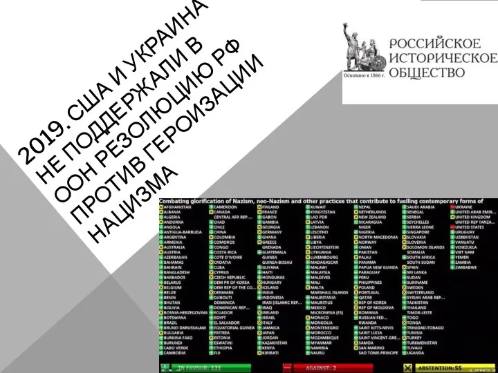 2019. США И УКРАИНА НЕ ПОДДЕРЖАЛИ В ООН РЕЗОЛЮЦИЮ РФ ПРОТИВ ГЕРОИЗАЦИИ НАЦИЗМА