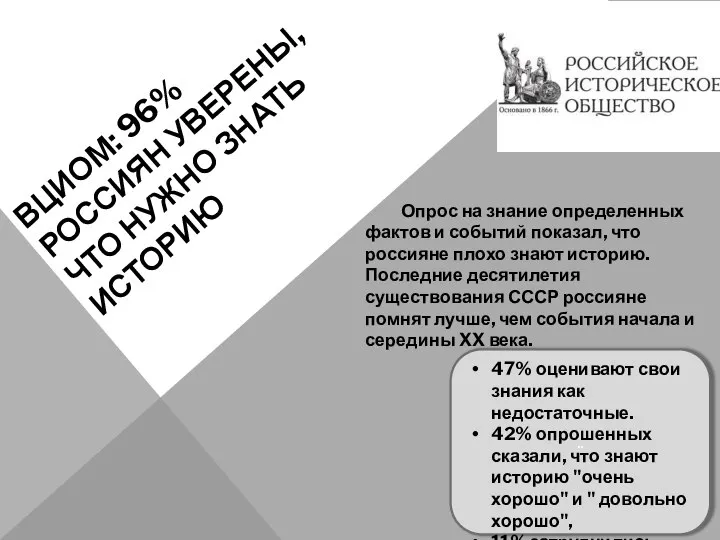 .. ВЦИОМ: 96% РОССИЯН УВЕРЕНЫ, ЧТО НУЖНО ЗНАТЬ ИСТОРИЮ Опрос на знание