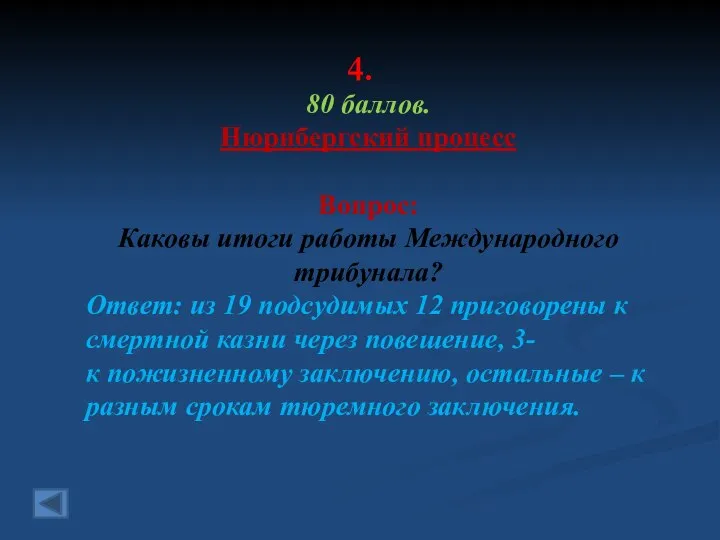 4. 80 баллов. Нюрнбергский процесс Вопрос: Каковы итоги работы Международного трибунала? Ответ: