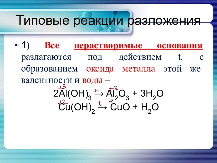 Типовые реакции разложения 1) Все нерастворимые основания разлагаются под действием t֯, с