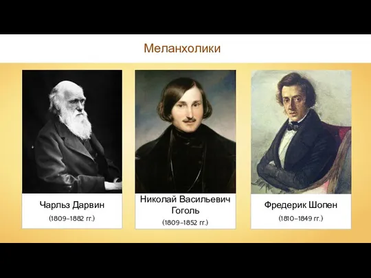 Чарльз Дарвин (1809–1882 гг.) Николай Васильевич Гоголь (1809–1852 гг.) Фредерик Шопен (1810–1849 гг.) Меланхолики