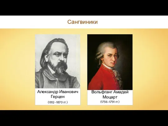 Александр Иванович Герцен (1812–1870 гг.) Вольфганг Амадей Моцарт (1756–1791 гг.) Сангвиники