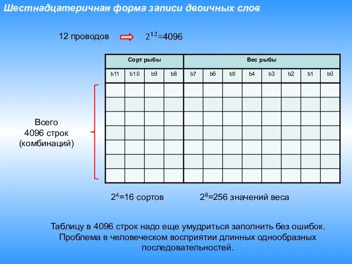 Шестнадцатеричная форма записи двоичных слов 24=16 сортов 28=256 значений веса 12 проводов