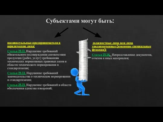 Субъектами могут быть: индивидуальные предприниматели и юридические лица: Статья 23.11. Нарушение требований