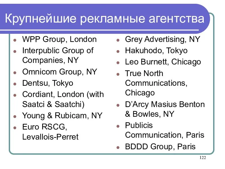 Крупнейшие рекламные агентства WPP Group, London Interpublic Group of Companies, NY Omnicom