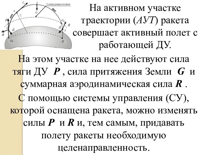 На активном участке траектории (АУТ) ракета совершает активный полет с работающей ДУ.