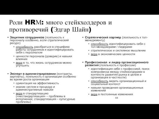 Роли HRМ: много стейкхолдеров и противоречий (Эдгар Шайн) Защитник сотрудников (лояльность к