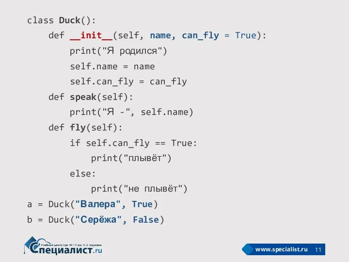 class Duck(): def __init__(self, name, can_fly = True): print("Я родился") self.name =